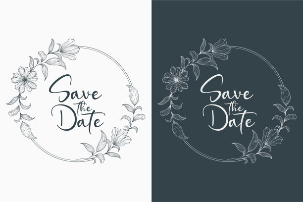 奢华和极简主义手绘婚礼徽章框架与鲜花的树枝图片下载