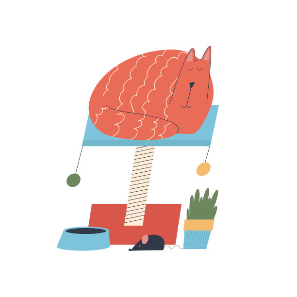 那只红色的肥猫正在抓柱上睡觉。猫的角落-沙发，抓挠柱，食物和花盆与花在白色的背景。平的风格,向量图片下载