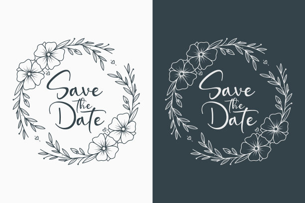 奢华和极简主义手绘婚礼徽章框架与鲜花的树枝图片下载