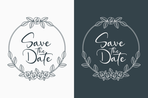 奢华和极简主义手绘婚礼徽章框架与鲜花的树枝图片下载