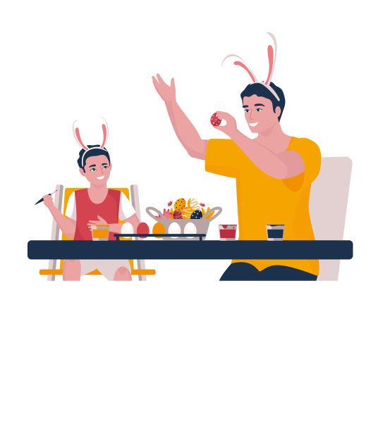 父亲和儿子给复活节彩蛋，矢量插图。卡通风格。图片下载