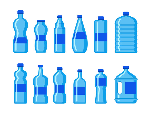 塑料水瓶图标。蓝色液体容器饮，瓶身剪影集。卡通水瓶子图片下载