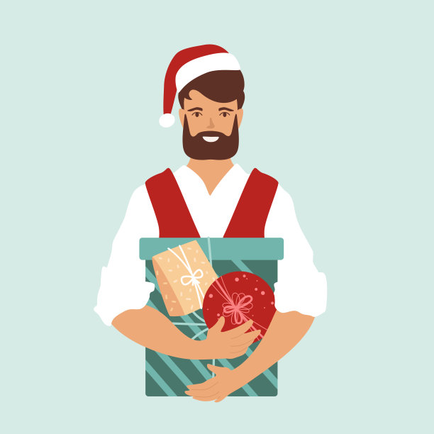 快乐的大胡子男人拿着一套礼盒。男性肖像在圣诞老人帽子和现代服装。图片下载