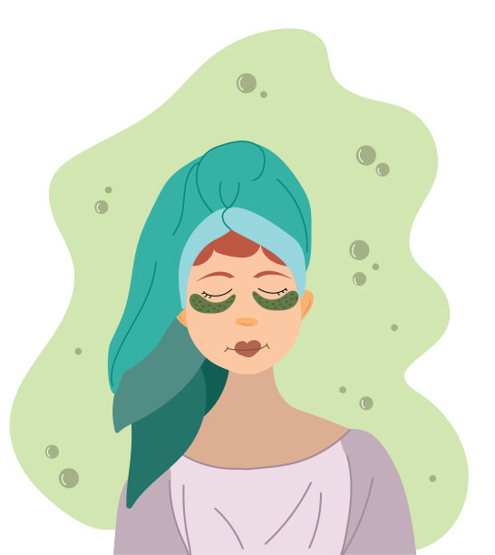 女人的脸护理。眼部保湿贴片。美的过程。矢量插图。图片下载