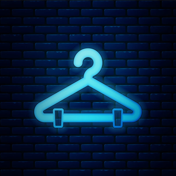 霓虹灯衣架衣橱图标孤立在砖墙背景上。衣帽间图标。衣服服务的象征。衣服衣架的迹象。向量图片下载