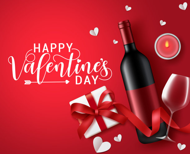 情人节约会红酒矢量横幅。情人节问候短信与约会香槟，酒杯，蜡烛和礼物元素的浪漫情人约会在红色的背景。图片下载
