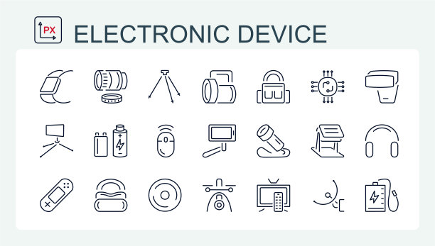 一套矢量插图，电子设备的图标，附件从细线。显示器，无人机，电池，手电筒，游戏和电脑电子产品。图片下载