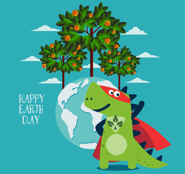 穿着超级英雄服装的搞笑恐龙。超级恐龙。卡通英雄站在风中挥舞着斗篷。快乐的地球日矢量插图。生态友好型生态理念图片下载