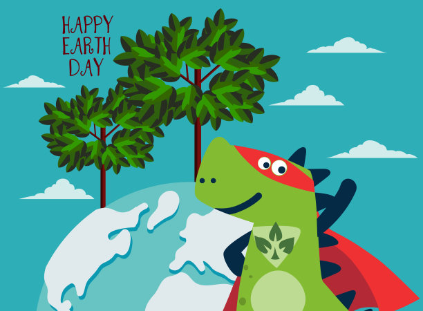 穿着超级英雄服装的搞笑恐龙。超级恐龙。卡通英雄站在风中挥舞着斗篷。快乐的地球日矢量插图。生态友好型生态理念图片下载