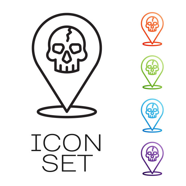 黑线位置海盗图标孤立在白色背景。设置图标丰富多彩。向量图片下载