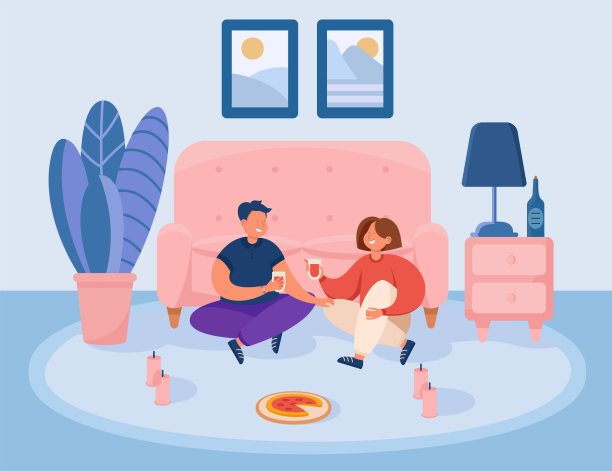 幸福夫妇有日期在家平面矢量插图。图片下载