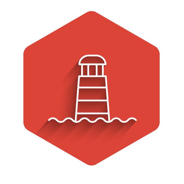 白色线灯塔图标孤立与长阴影背景。红色的六角按钮。向量图片下载