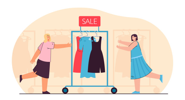 女售货员用衣服推着衣架。图片下载