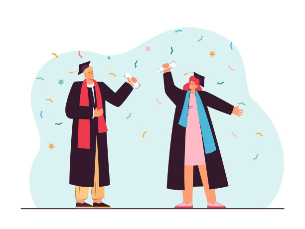 女孩和男孩穿着学位袍庆祝毕业。图片下载