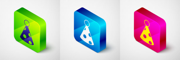 等距帽子图标孤立在灰色背景。生日帽。方形按钮。向量图片下载