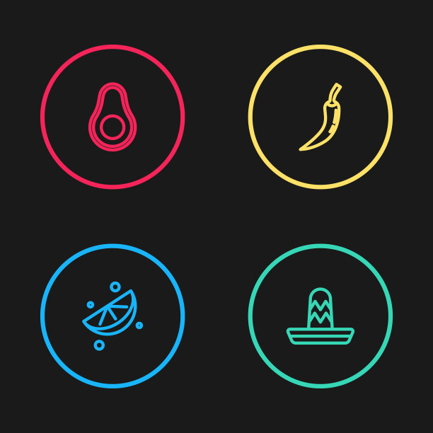 青柠切片、墨西哥帽、辣椒、牛油果图标组合矢量素材图片下载