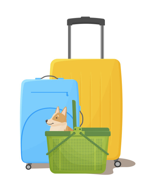 带着宠物。箱子，还有狗的提箱。一只快乐的柯基在运输笼旁。矢量插图孤立的白色背景。图片下载