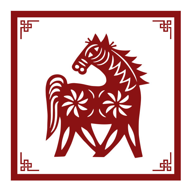 经典的中国剪纸风格插图，卡通马，中国生肖图片下载
