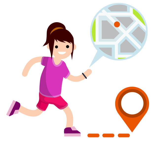 女人用智能手表跑步。跟踪和城市地图。导航和路线搜索。现代技术。体育和爱好。健康的生活方式。卡通平面插图。穿着短裤的少女图片下载