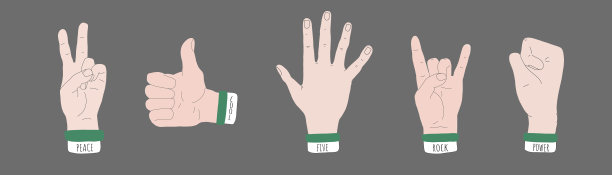 一组手绘的人的手的各种姿势。手指在不同的位置。社交媒体贴纸，闪光纹身，打印或补丁设计。矢量插图孤立图片下载