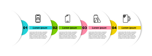 设置手机系统故障，玻璃屏幕保护器，智能手机电池充电和手机维修服务。业务信息模板。向量图片下载