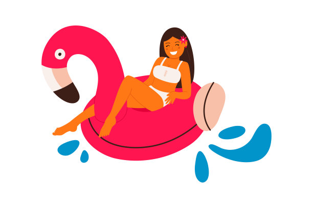 女孩漂浮在粉红色的火烈鸟花圈上。矢量插图孤立的白色背景图片下载