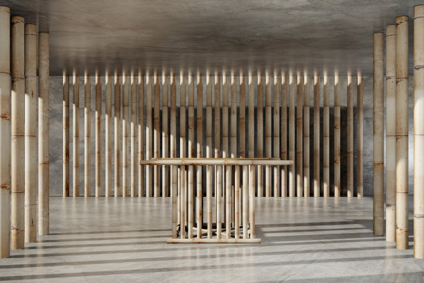 标题:展示，设计平台，木制品和阳光的空白产品架。3 d渲染。图片下载