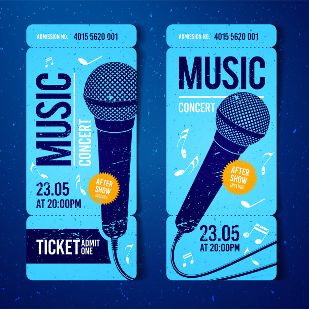 矢量插图蓝色音乐音乐会门票设计模板与麦克风和很酷的grunge效果在背景图片下载