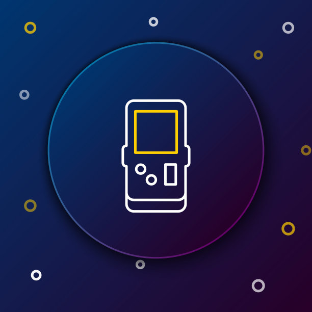 Line便携式俄罗斯方块电子游戏图标隔离在蓝色背景。复古风格口袋砖游戏。互动游戏设备。色彩斑斓的轮廓的概念。向量图片下载