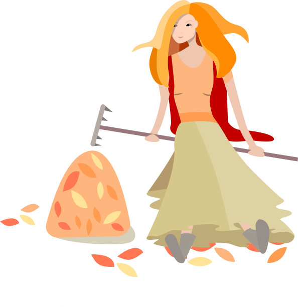 少妇用耙子耙孤立的秋叶图片下载