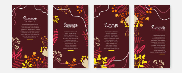 色彩斑斓的花叶水彩社交媒体故事和贴模板向量集。热带和植物暖地色调覆盖背景收藏图片下载