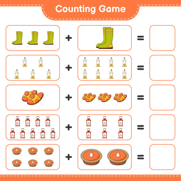 数皮靴、蜡烛、拖鞋、灯笼、馅饼的数量，并写出结果。教育儿童游戏，可打印的工作表，矢量插图图片下载