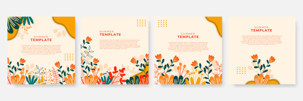 美丽清新的花叶婚礼请柬。手绘夏季花社交媒体帖子或故事模板收集图片下载