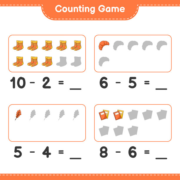 数数游戏，数数橡树叶、袜子、书、羊角面包的数量，并写下结果。教育儿童游戏，可打印的工作表，矢量插图图片下载