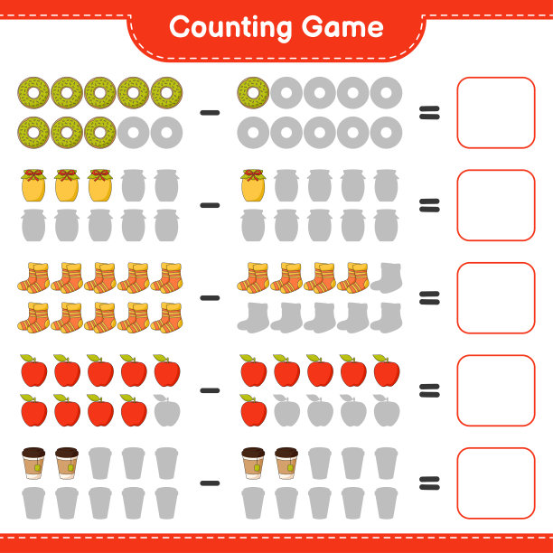 数数游戏，数数甜甜圈、果酱、袜子、苹果、茶杯的数量，并写出结果。教育儿童游戏，可打印的工作表，矢量插图图片下载