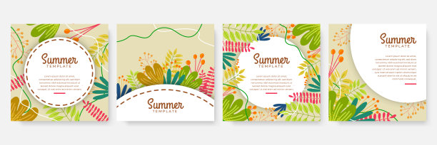 色彩斑斓的花叶水彩社交媒体故事和贴模板向量集。热带和植物暖地色调覆盖背景收藏图片下载