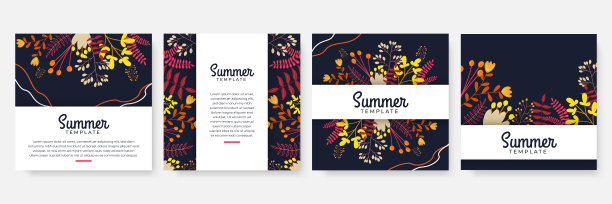 色彩斑斓的花叶水彩社交媒体故事和贴模板向量集。热带和植物暖地色调覆盖背景收藏图片下载