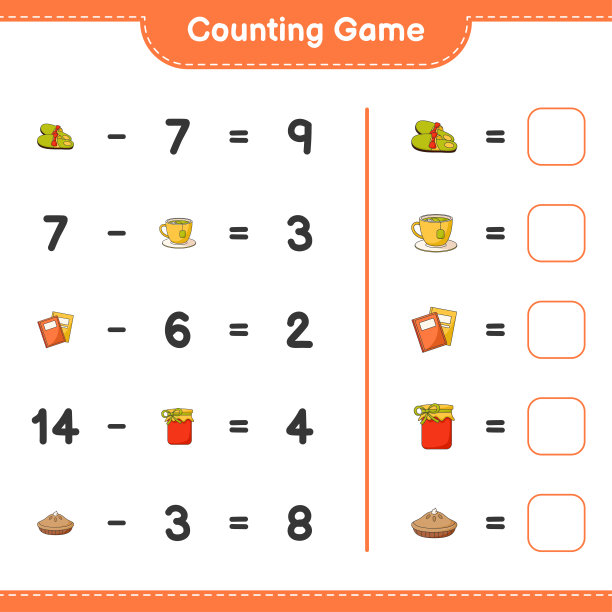 数数游戏，数拖鞋、茶杯、书、果酱、馅饼的数量，并写下结果。教育儿童游戏，可打印的工作表，矢量插图图片下载