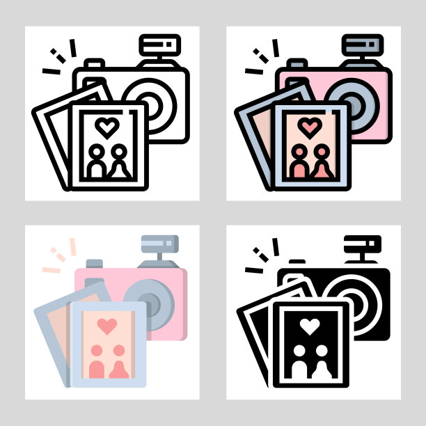 婚纱照图标矢量设计在填充，细线，轮廓和扁平的风格。图片下载