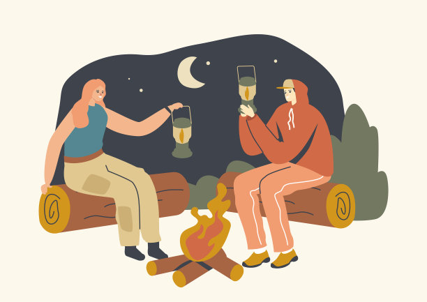 男性女性角色坐在篝火上的原木图片下载