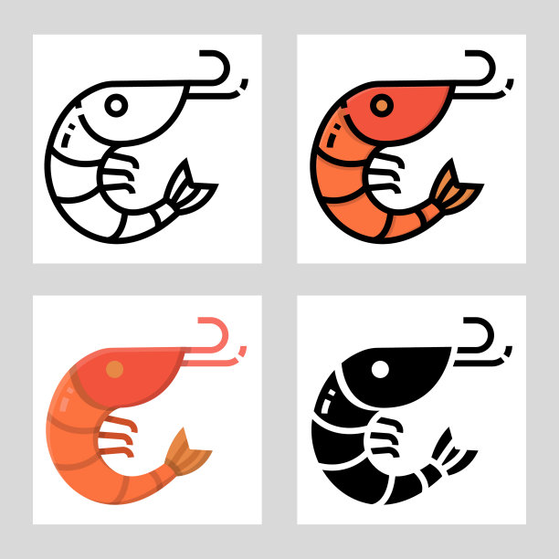 虾的图标矢量设计中充满，细线，轮廓和扁平的风格。图片下载