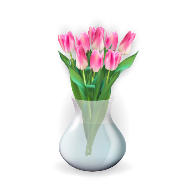 逼真的3d玻璃透明花瓶与郁金香图片下载