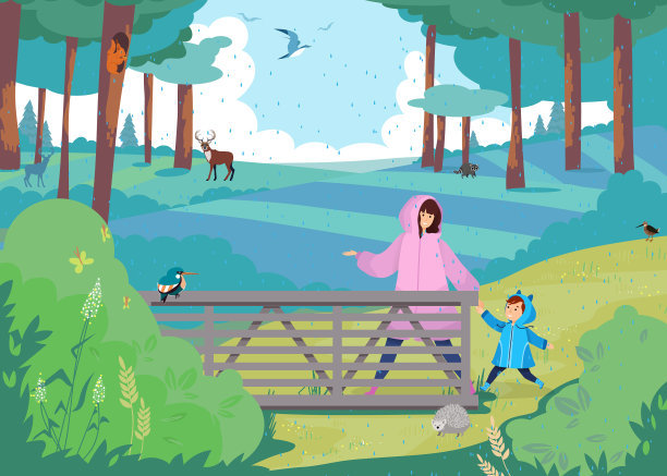 母子在雨中一家人走在森林里图片下载