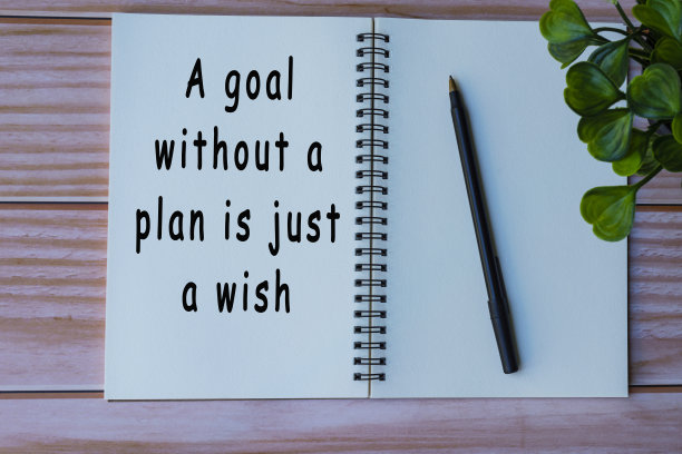 在木桌上的记事本上的励志名言。没有计划的目标只是一个愿望图片下载