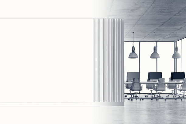 空荡荡的办公室内部，混凝土地板上有复制空间和办公桌，一半蓝图，一半3D渲染复古图像图片下载