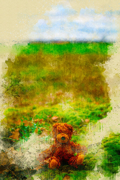 特写的棕色泰迪熊坐在户外水彩画图片下载