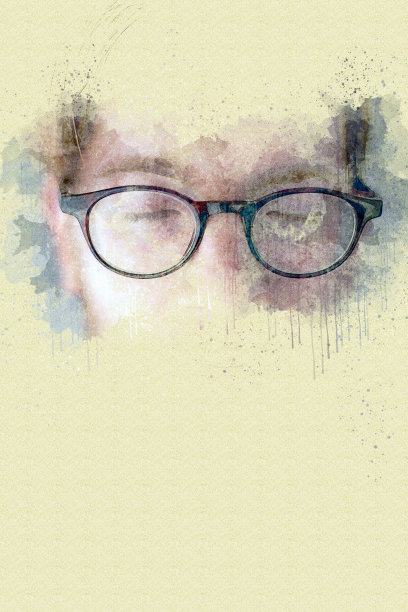 特写的年轻男子与眼镜和眼睛闭在水彩画图片下载
