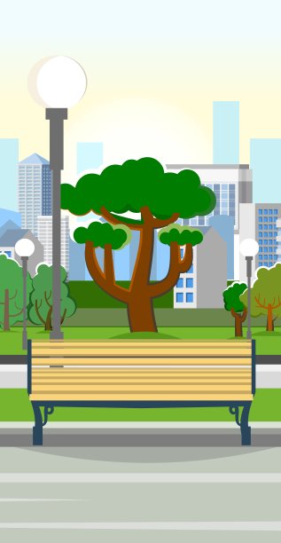 板凳上。城市公园地区。树木，灌木和灯笼。美丽的夏季城市景观在克制的颜色。一个放松、散步和约会的地方。漂亮的背景图片。草坪。向量图片下载