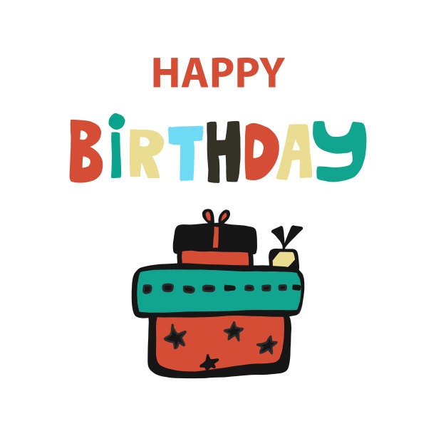 生日贺卡。向量。手绘风格的卡通多色字体和一个盒子与生日礼物与缎带捆绑。用于明信片、横幅、包装纸图片下载