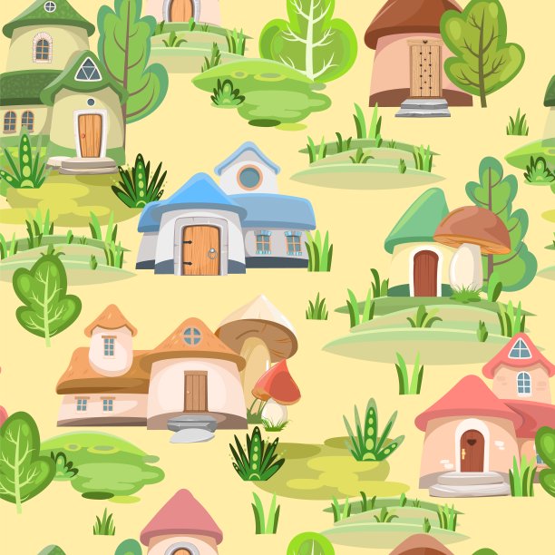 侏儒。无缝模式。美丽的风景与树木。山和森林。平的卡通风格。可爱的图片背景的孩子。向量图片下载